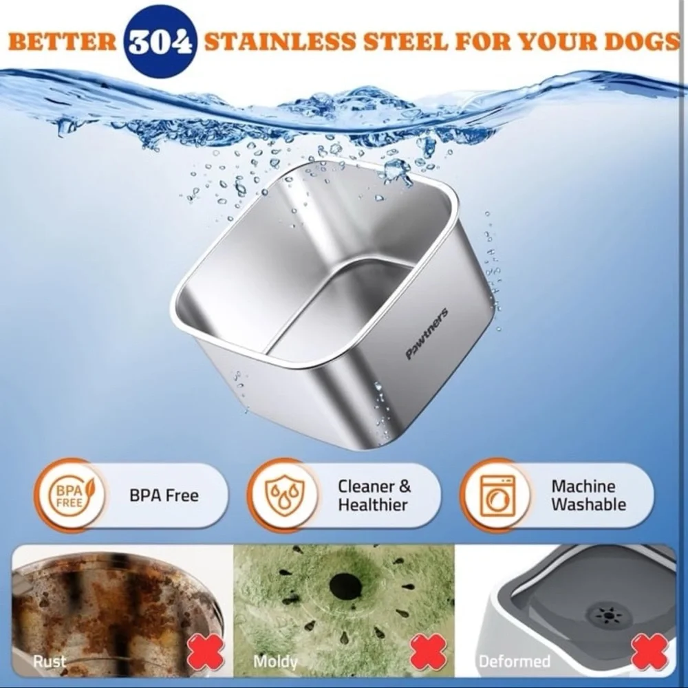 Dog Water Bowl No Spill, 4.5L Stainless Steel Dog Floating Bowl, Slow Water